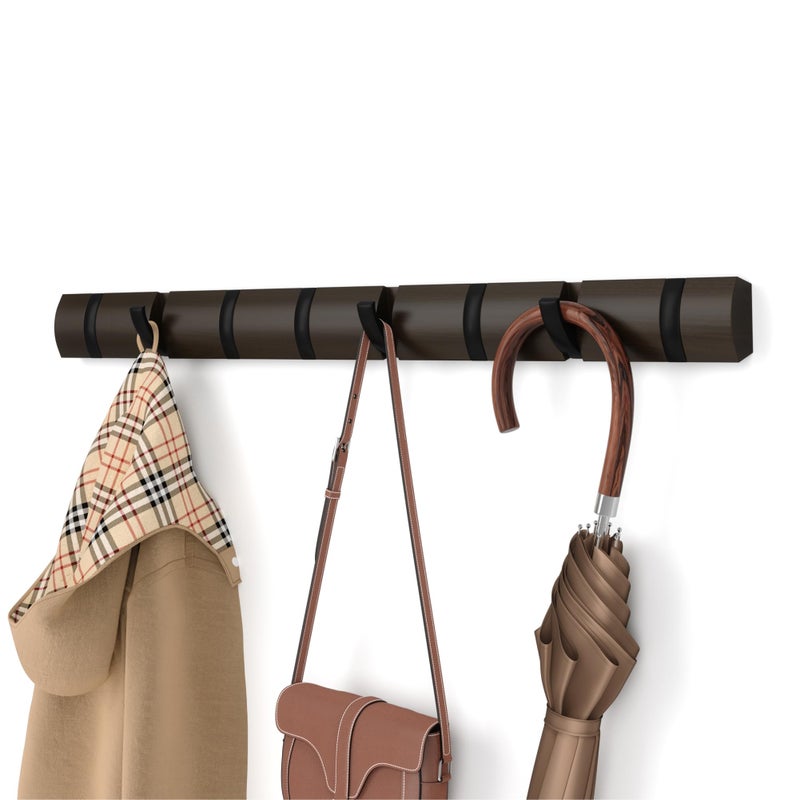 Umbra Flip Wall-Mounted Coat Rack with 8 Hooks â€“ Modern, Space-Saving Storage for Hats, Jackets, Bags, Entryway, Mudroom, Closet, Bathroom, Bedroom â€“ Black/Walnut - Image 1
